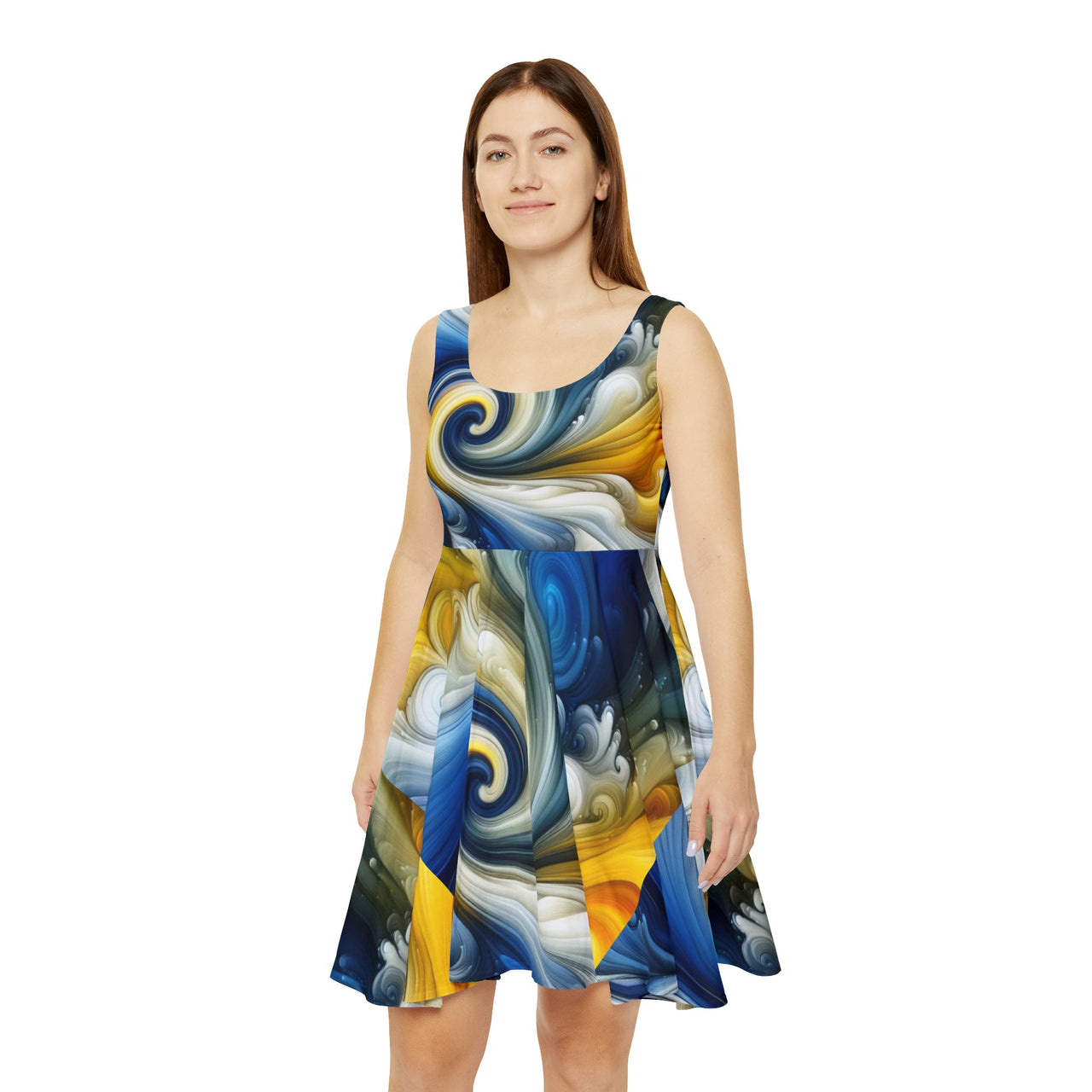Golden Blue Swirl Skater Dress | Elegant Fit & Flare Dress, Artistic All-Over Print, Trendy Sleeveless Dress - Stay Sipping LLC
