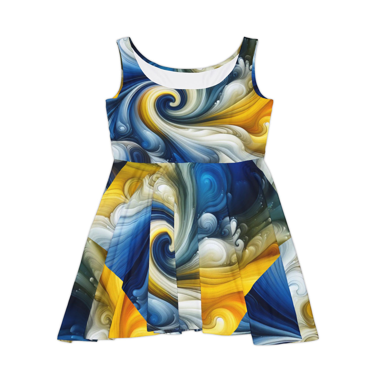 Golden Blue Swirl Skater Dress | Elegant Fit & Flare Dress, Artistic All-Over Print, Trendy Sleeveless Dress - Stay Sipping LLC