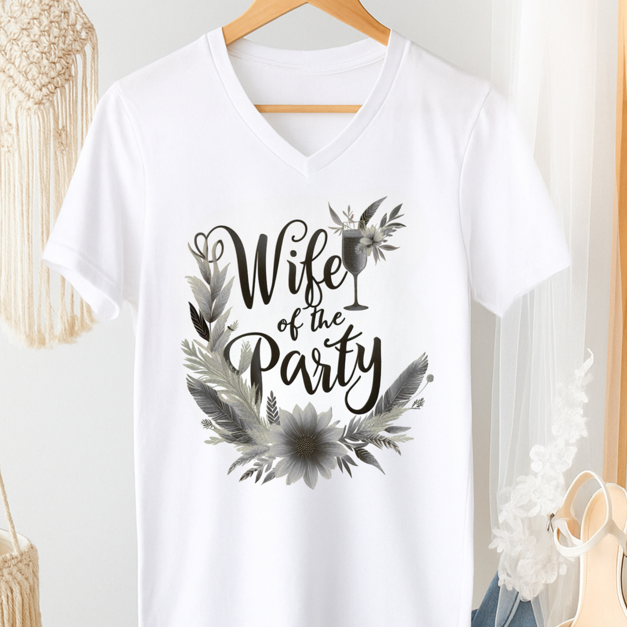 Wife of the Party V-Neck T-Shirt – Monochrome Bride Shirt for Bachelorette & Minimalist Wedding Style - Stay Sipping LLC