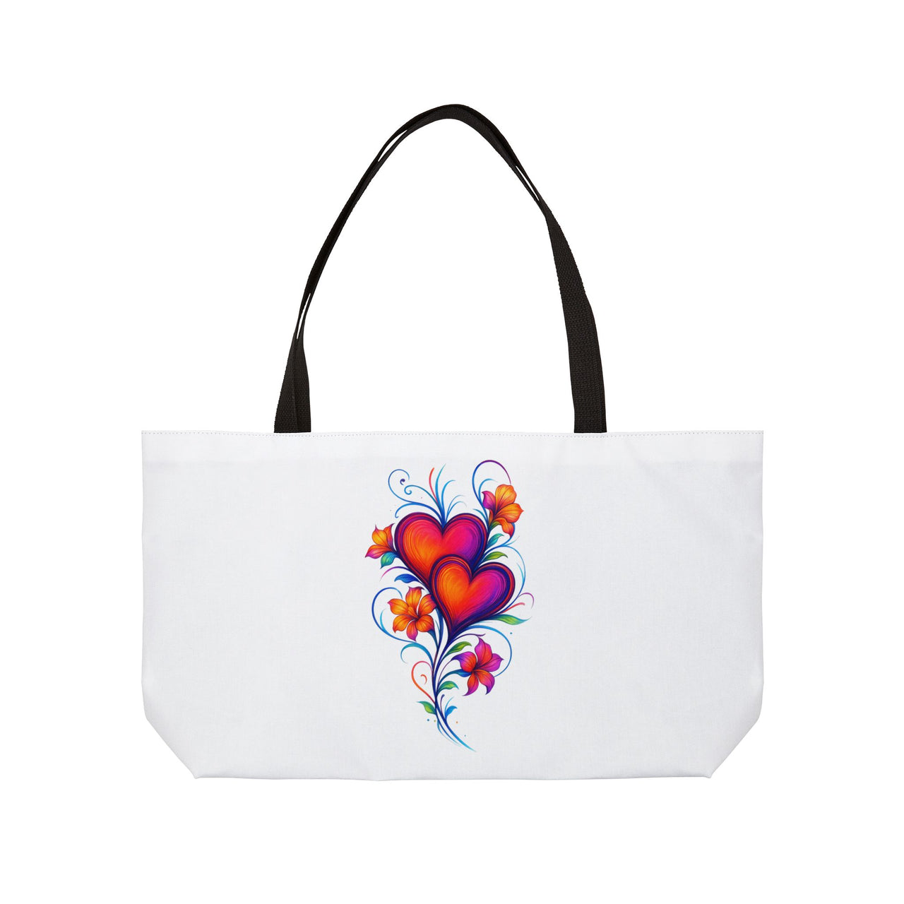 Floral Heart Weekender Bag | Oversized White Tote with Colorful Love & Hibiscus Design, Travel Beach Bag, Romantic Gift for Her - Stay Sipping LLC