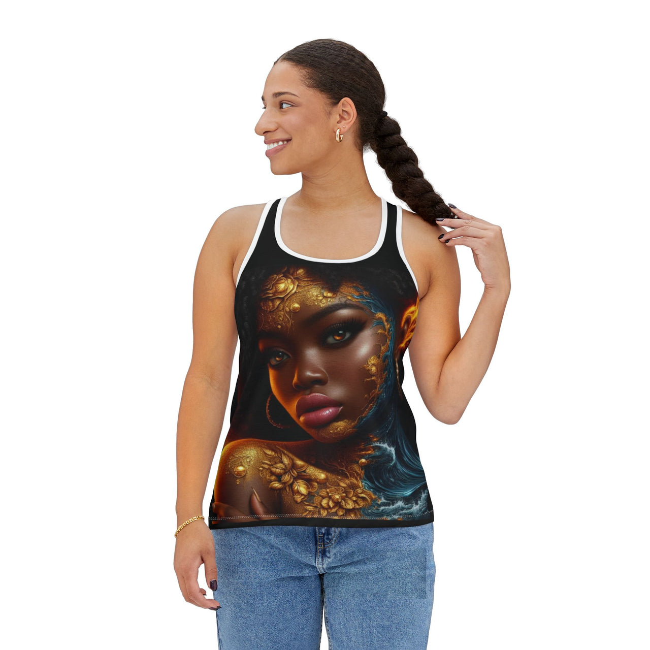 Golden Flame Racerback Tank | Afrocentric Goddess Tank Top | Fiery All-Over Print Shirt - Stay Sipping LLC