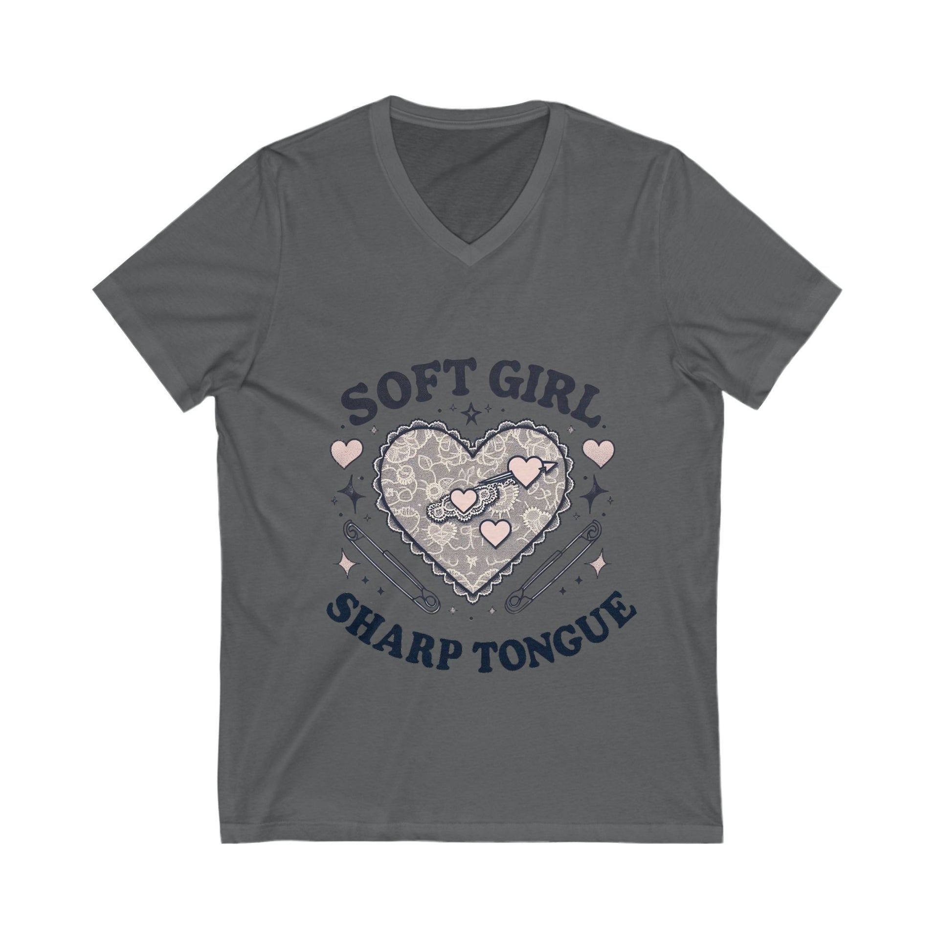 Soft Girl Sharp Tongue V-Neck Tee | Unisex Graphic T-Shirt, Cute Edgy Aesthetic, Coquette Streetwear, Feminine Punk Style, Gift for Her - Stay Sipping LLC