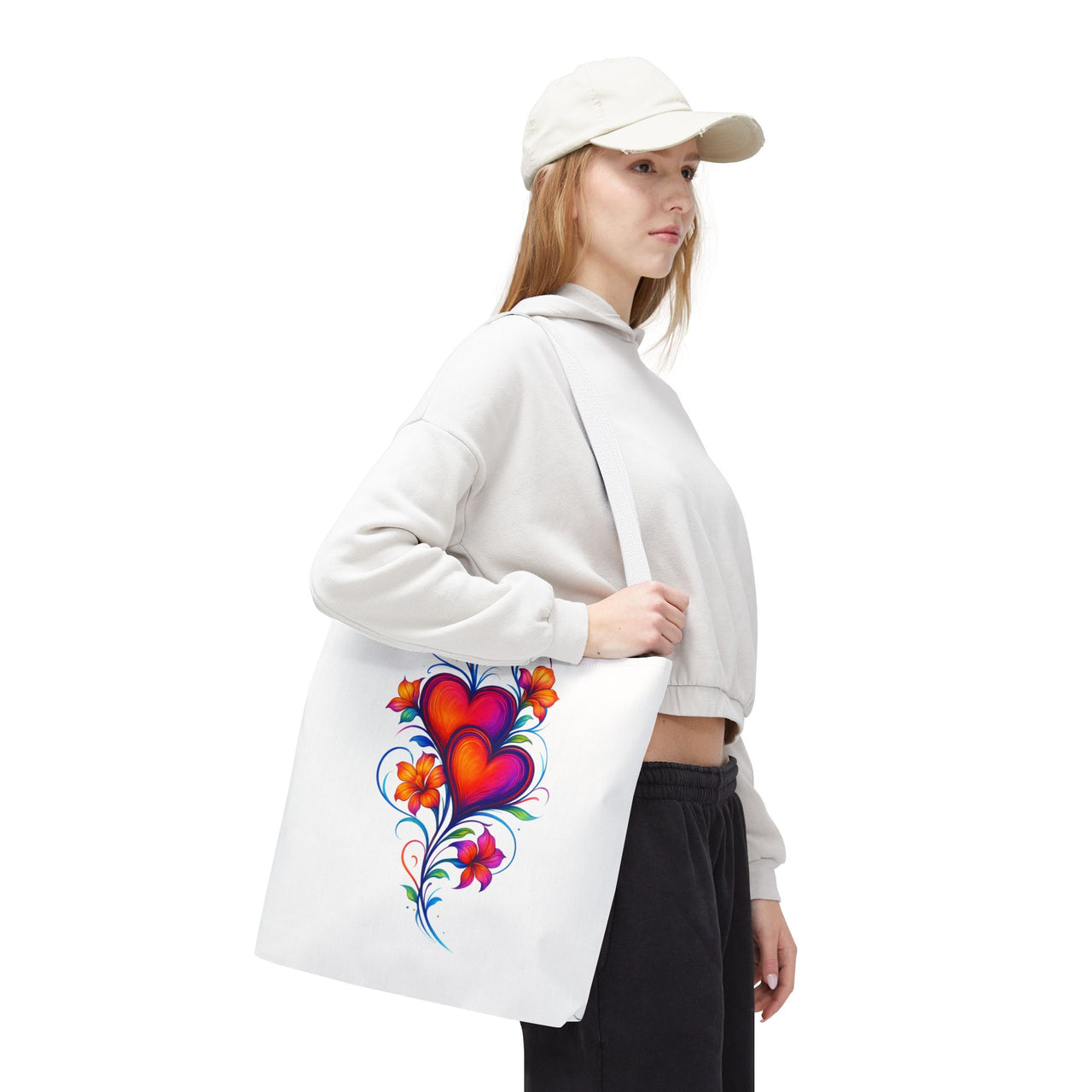 Floral Heart Tote Bag | White Everyday Canvas Bag with Colorful Love & Hibiscus Design, Artistic Gift for Her, Reusable Shopping or Book Bag - Stay Sipping LLC
