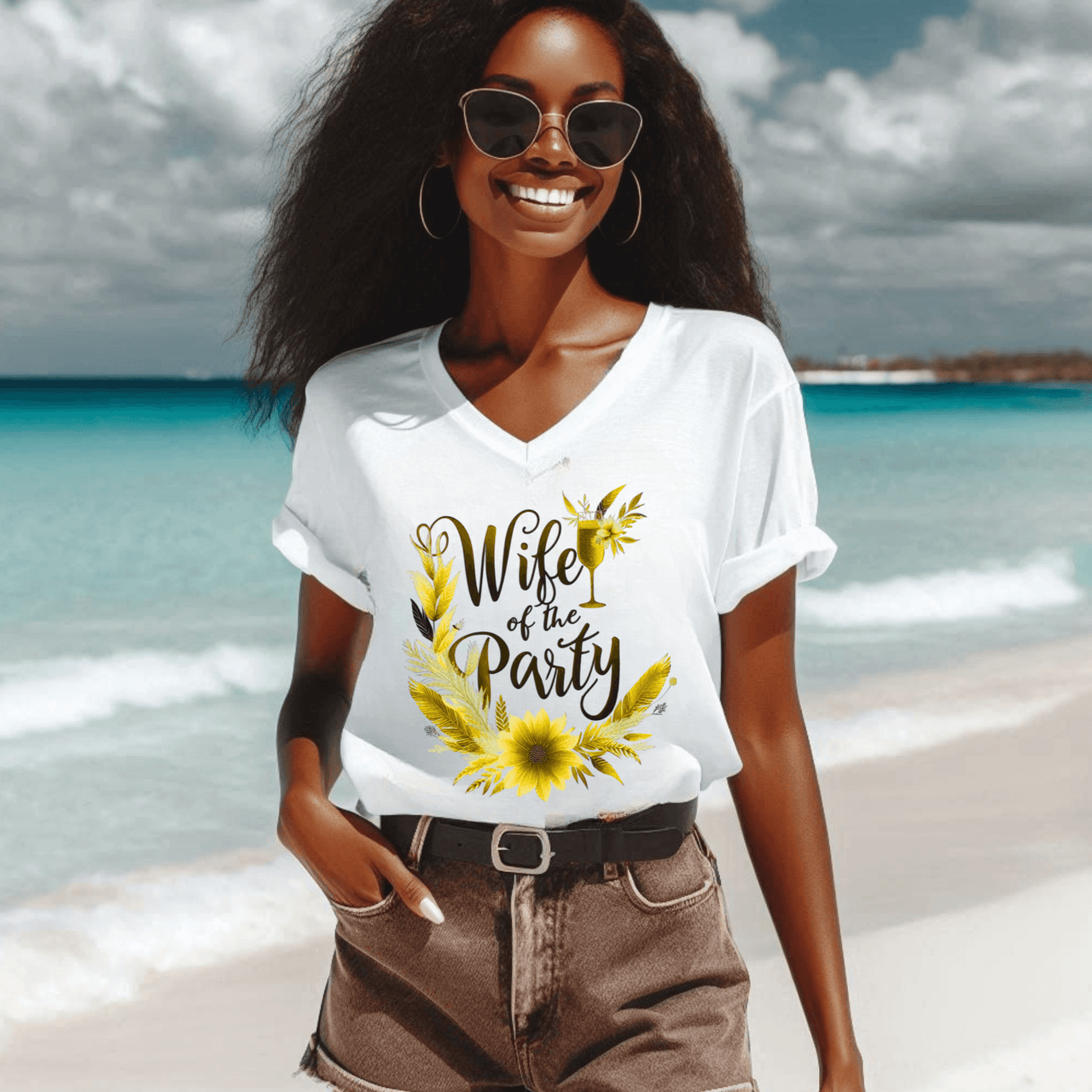 Wife of the Party V-Neck T-Shirt – Sunflower Bridal Shirt for Bachelorette & Wedding Celebrations - Stay Sipping LLC