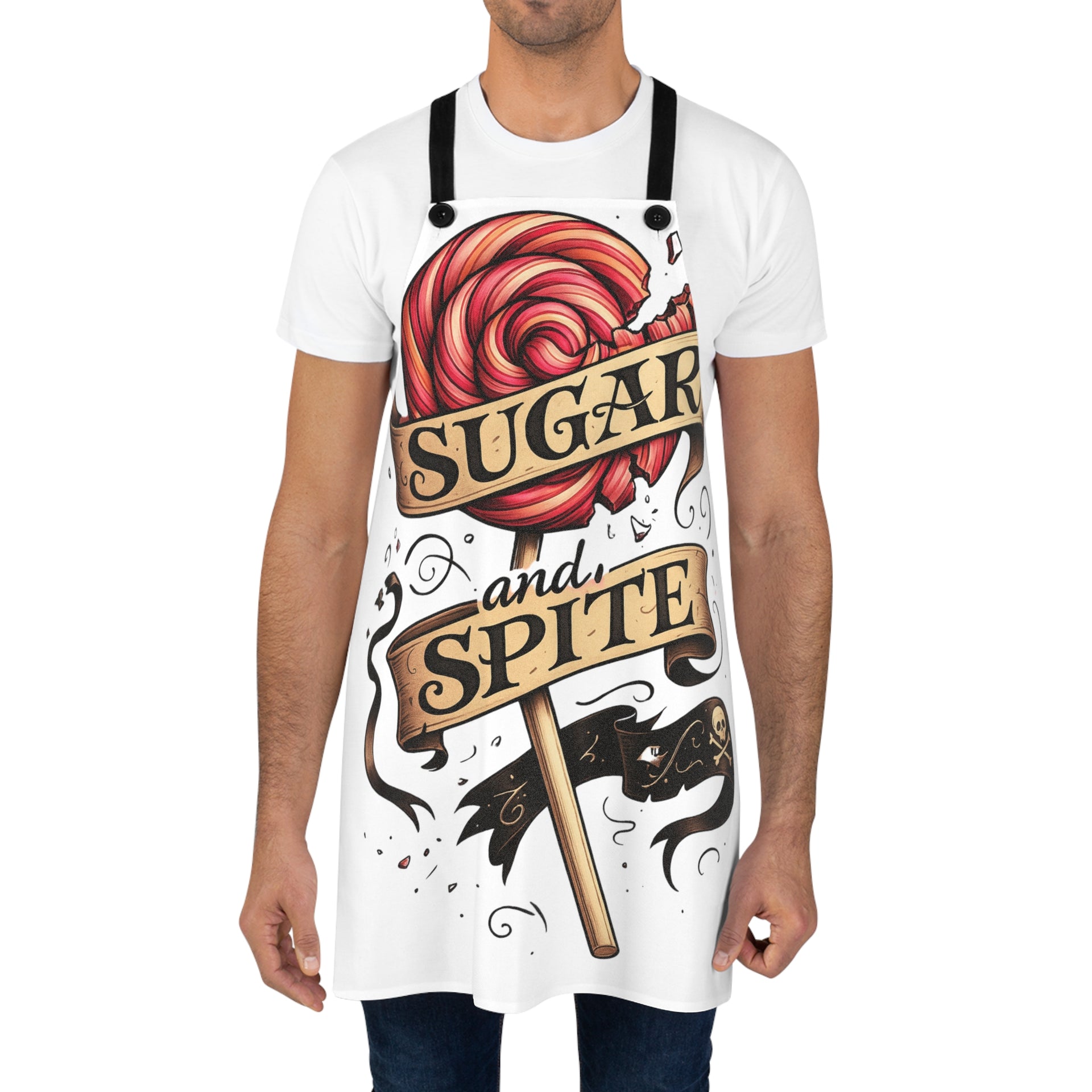 Sugar and Spite White Apron | Cute Candy-Themed Kitchen Apron, Fun Cooking Gift, Halloween Baking Accessory, Whimsical Chef Wear - Stay Sipping LLC