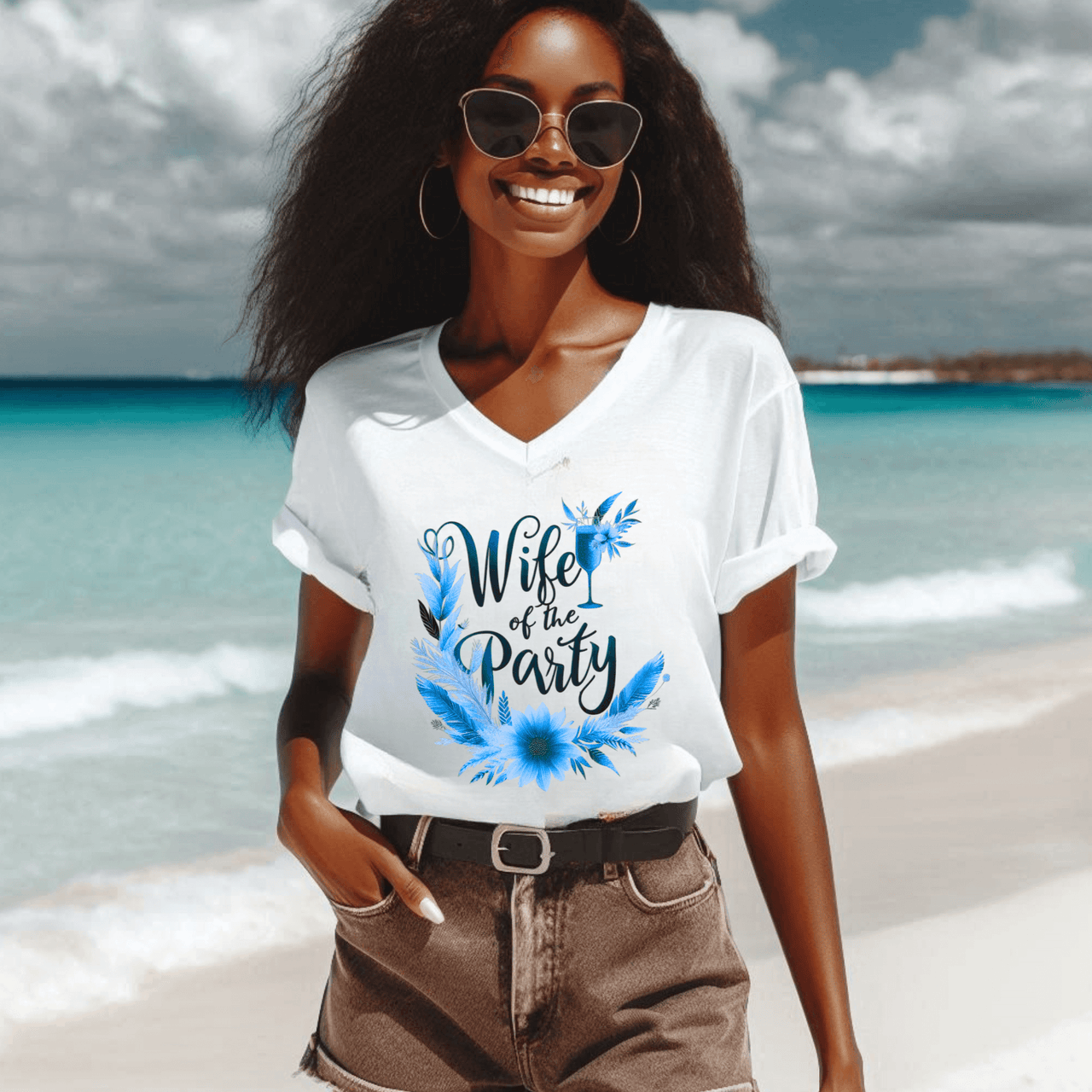 Wife of the Party V-Neck T-Shirt – Aqua Blue Bridal Tee for Beach Bachelorette & Wedding Vibes - Stay Sipping LLC