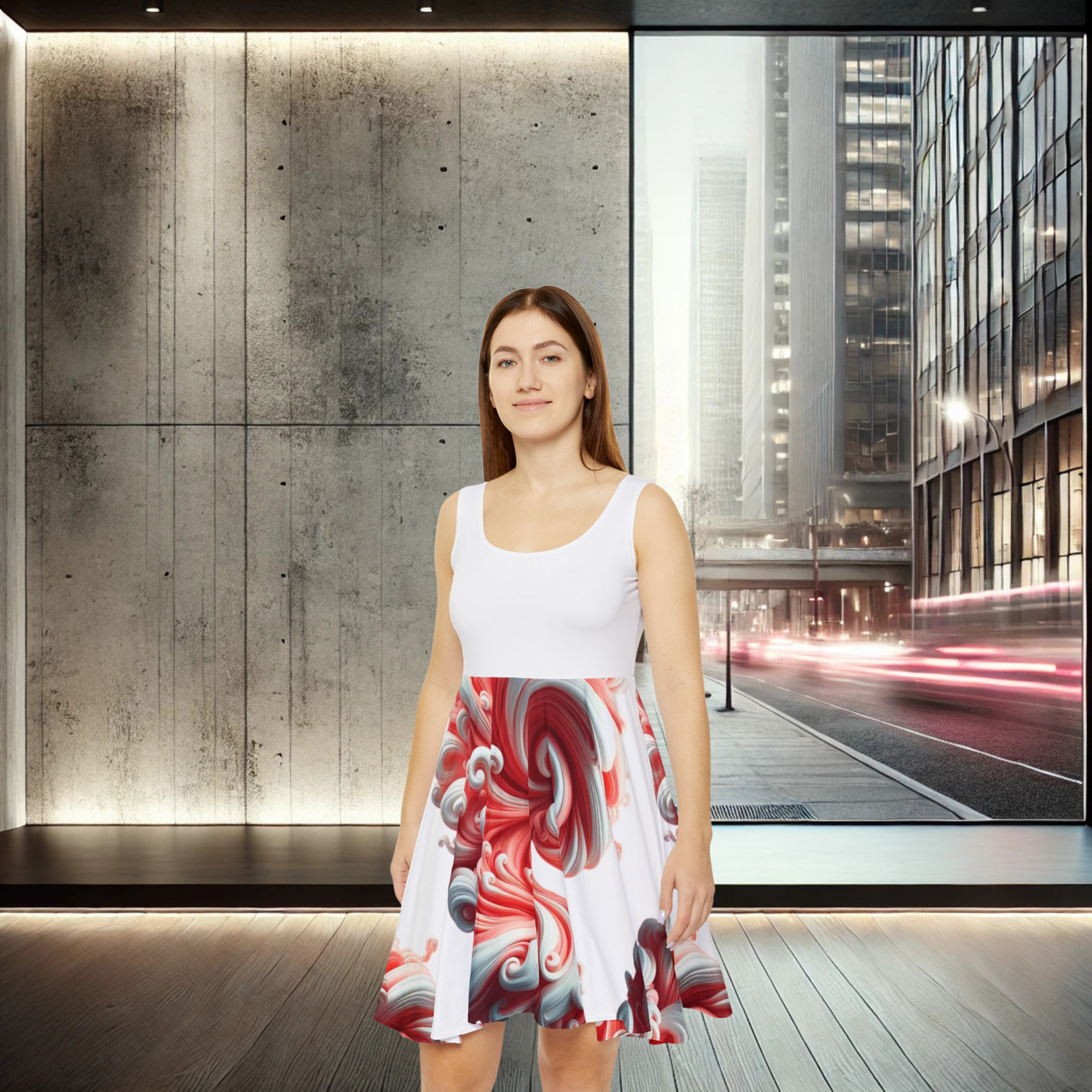 Coral Swirl Skater Dress | Elegant Fit & Flare Dress, Trendy Sleeveless Dress, Artistic Fashion - Stay Sipping LLC