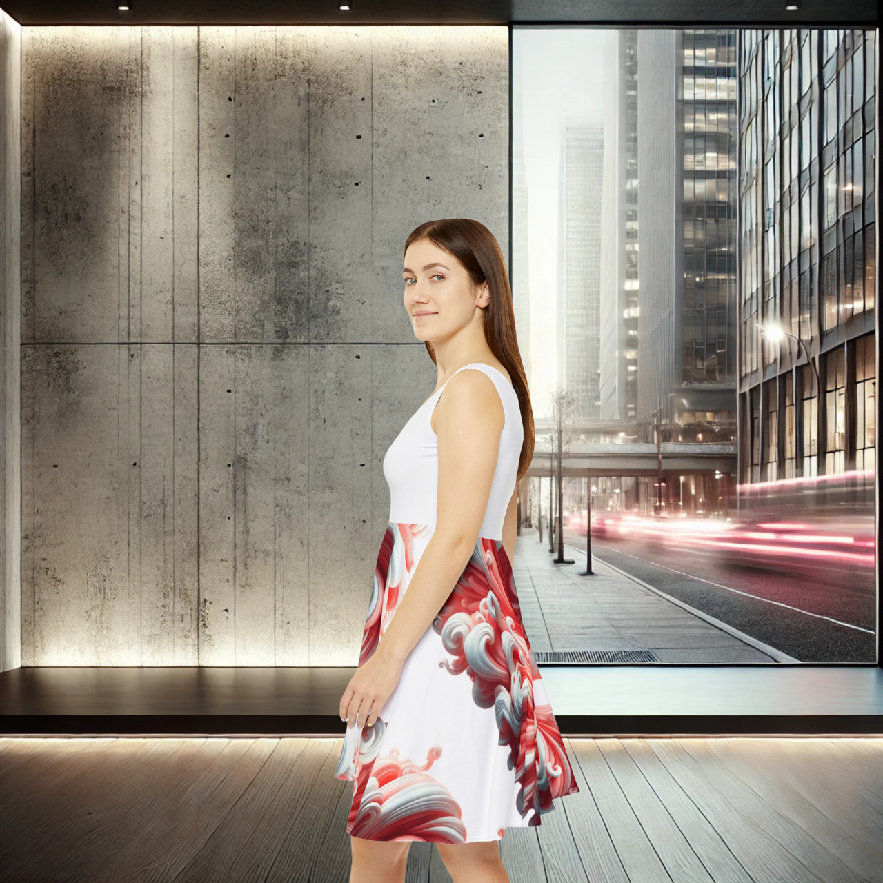 Coral Swirl Skater Dress | Elegant Fit & Flare Dress, Trendy Sleeveless Dress, Artistic Fashion - Stay Sipping LLC