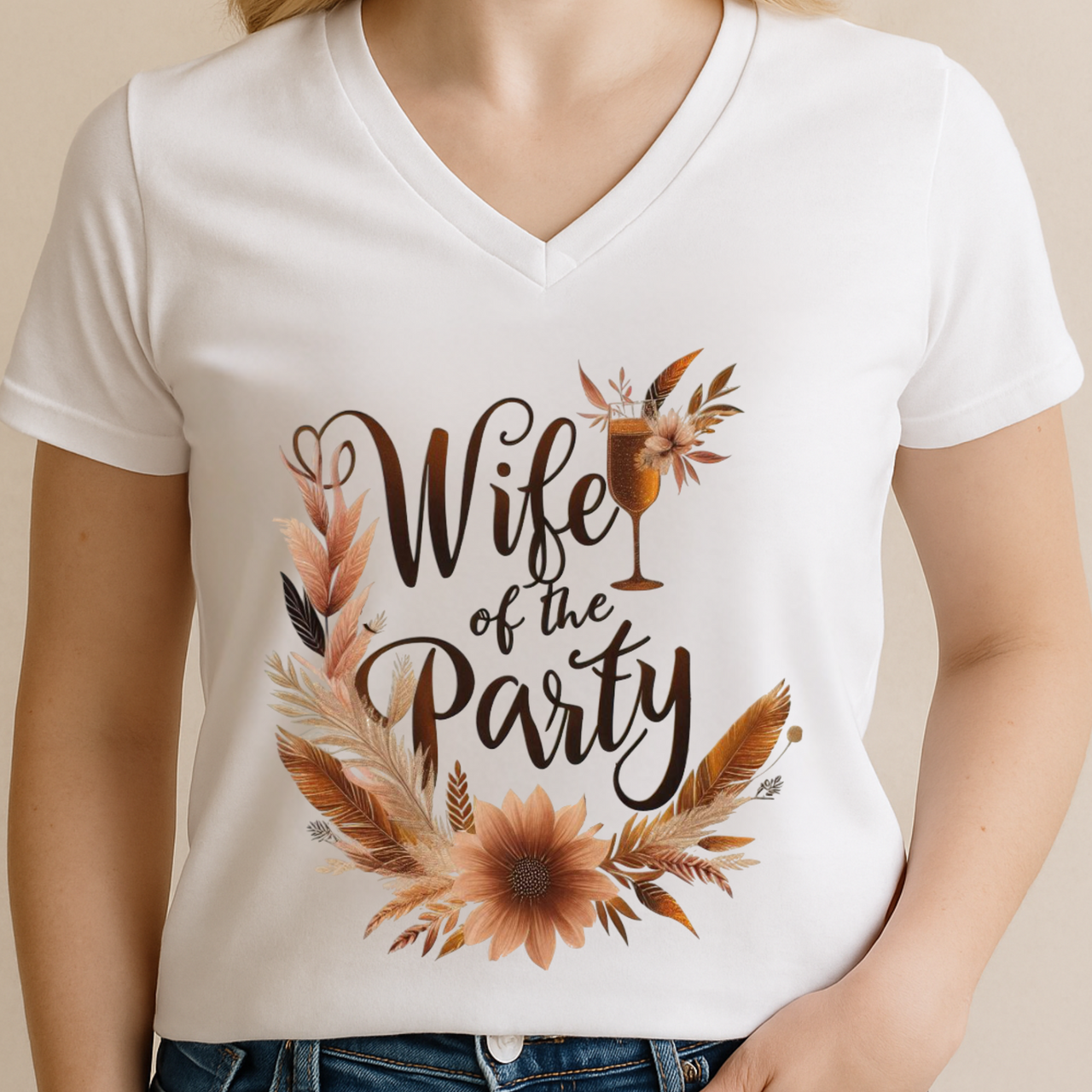 Wife of the Party V-Neck T-Shirt – Terracotta Floral Bride Tee for Fall Wedding & Bachelorette Style - Stay Sipping LLC