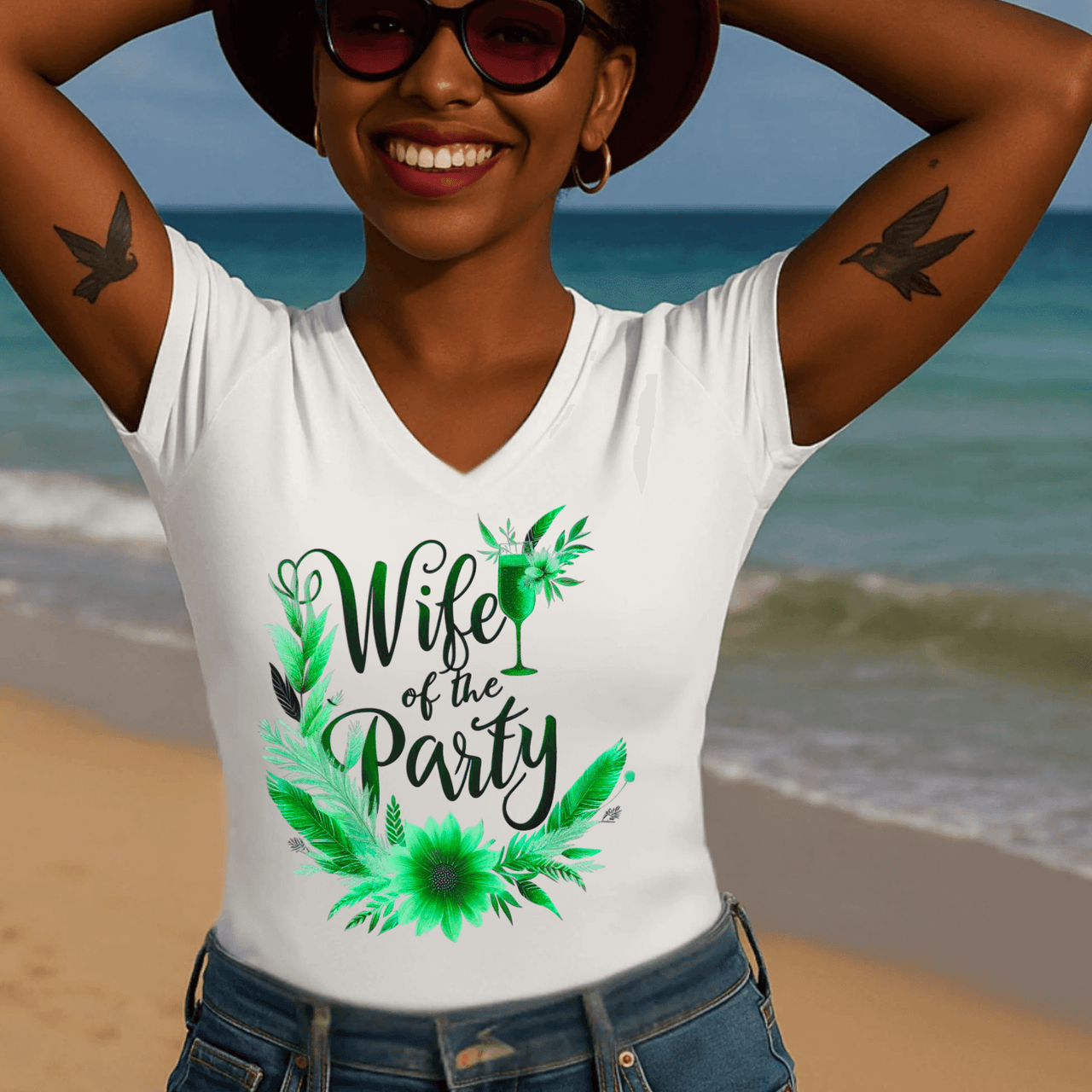 Wife of the Party V-Neck Shirt | Tropical Green Bridal Tee for Bachelorette, Wedding, Bride Gift - Stay Sipping LLC