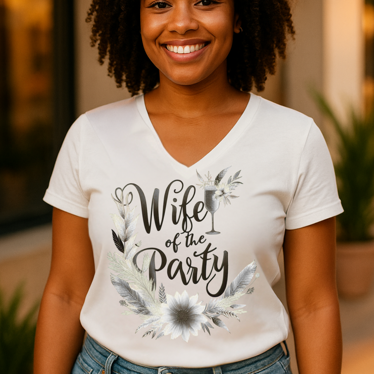 Wife of the Party V-Neck T-Shirt – Neutral Floral Bridal Tee for Elegant Bachelorette & Wedding Style - Stay Sipping LLC