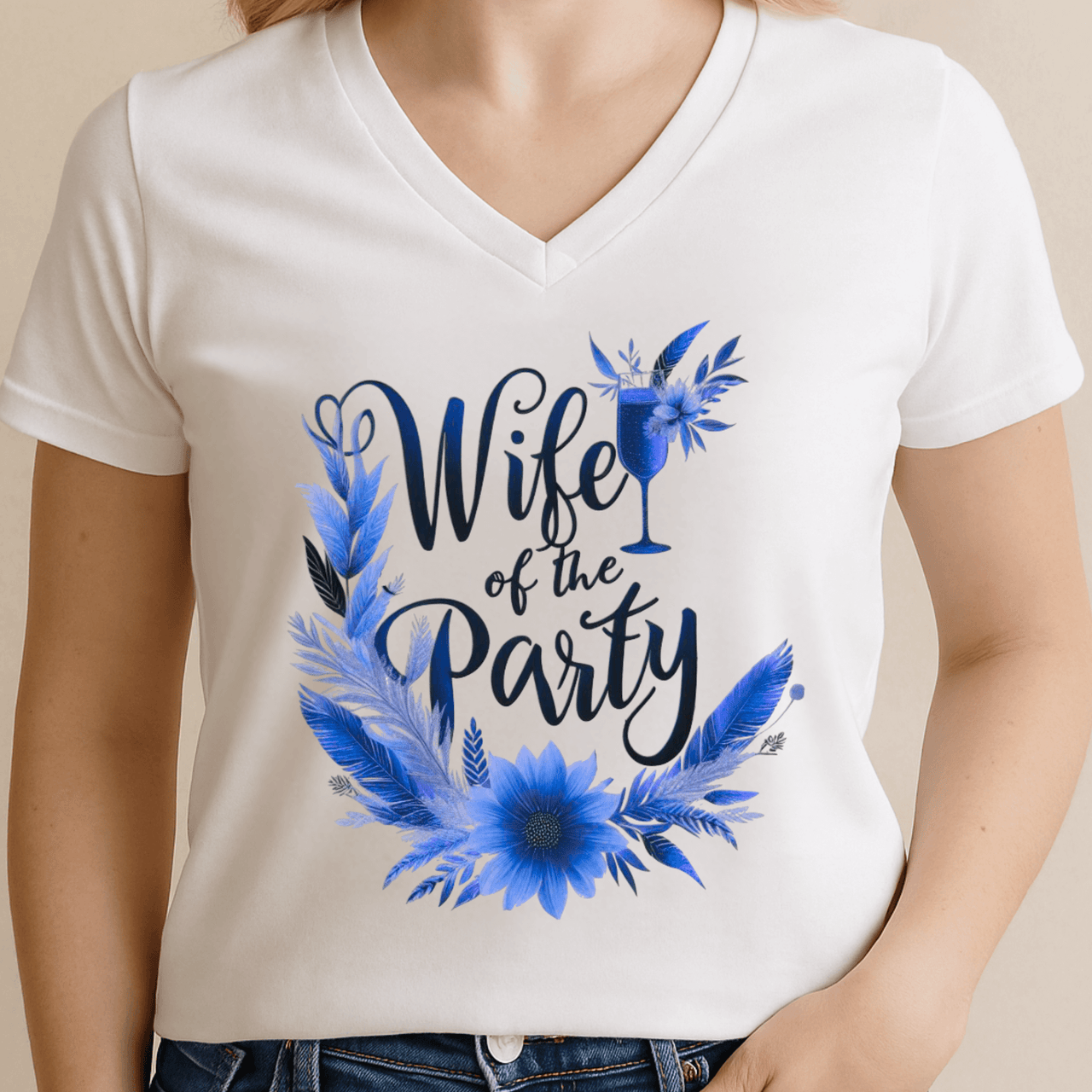 Wife of the Party V-Neck T-Shirt – Blue Floral Bridal Tee for Bachelorette & Wedding Fun - Stay Sipping LLC