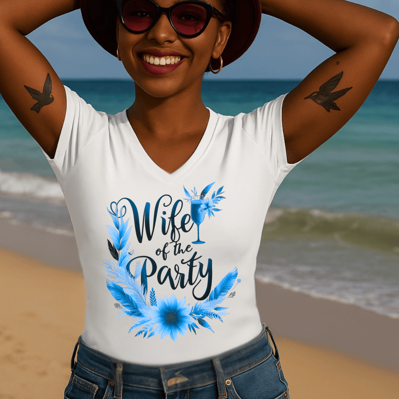 Wife of the Party V-Neck T-Shirt – Aqua Blue Bridal Tee for Beach Bachelorette & Wedding Vibes - Stay Sipping LLC