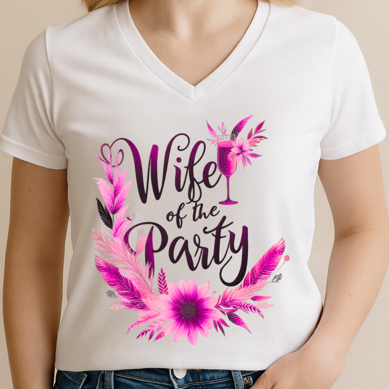 Wife of the Party V-Neck T-Shirt – Hot Pink Floral Bridal Tee for Bachelorette & Wedding Fun - Stay Sipping LLC